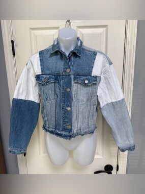 VERVET Los Angeles Patchwork Oversized Cropped Denim Jean Trucker Jacket Sz S